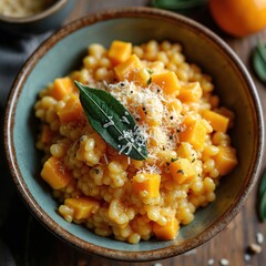 Creamy butternut squash risotto with sage and parmesan cheese served in bowl. Warm comfort food perfect for autumn or winter dinner. Delicious Italian rice dish.