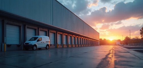 Large industrial warehouse building many loading docks at sunset. White delivery van parked at one dock. Warm light glows on sky, wet concrete ground, creating reflections. Logistics, shipping,