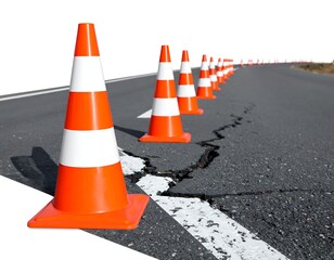 Road damage marked with safety cones, white isolated background