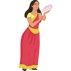 Pixelated illustration of an Indian woman in a red and yellow sari casting a spell or performing a mystical ritual with a wispy purple energy emanating from her hands against a transparent background