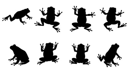 Set of black frog silhouettes in various jumping and sitting positions, amphibian animal vector illustration, wildlife nature concept, isolated on white background