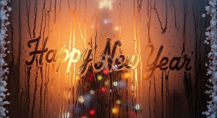 Happy New Year Wishes Through Steamy Window Frost and Lights