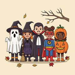Happy diverse children in Halloween costumes: ghost, witch, vampire, superhero, pumpkin. Autumn leaves & festive fun vector.