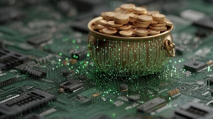 future  saint patrick's day Digital coins in a pot on a circuit board background.