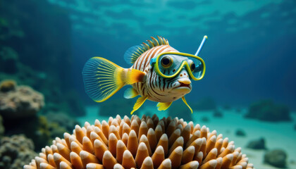 - Curious fish snorkeling with mask near coral reef