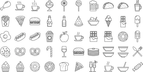 Large Outline Food and Drink Icons Set Including Meals, Snacks, Desserts, and Beverages Vector Collection.