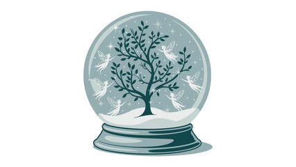 Snow Globe of Wonder: An enchanting snow globe showcases a serene winter landscape, where a delicate tree is embraced by playful, ethereal beings amidst softly falling snowflakes.