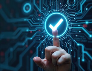 A finger presses glowing checkmark icon on futuristic digital interface. This symbolizes successful online approval completion and validation of data.