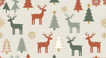 A seamless Christmas pattern with a Scandinavian folk art style, featuring reindeer, trees, and snowflakes