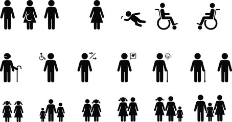 Human Pictograms Set for Disability, Pregnancy, Elderly, Family Structures, and Public Signage Black Silhouette Vector.