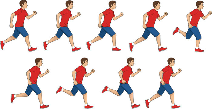 Male Running Animation Sprite Sheet Vector Sequence for Game Development, Fitness, and Active Lifestyle Design.