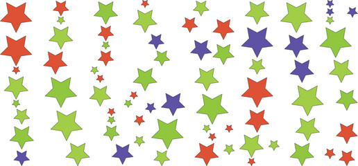 A colorful collection of red, green, and purple stars scattered across a white background, creating a festive and playful visual