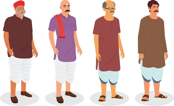 collection of indian village man in kurta lungi animation ready vector illustration
