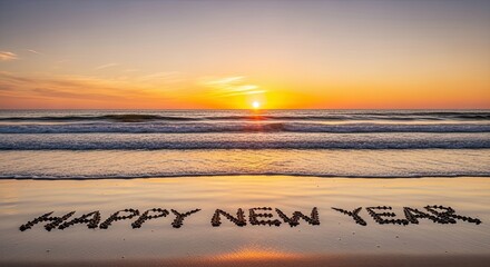 Happy New Year written in sand on beach at sunset