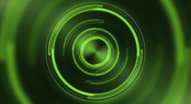 A neon green spiral graphic glows against a dark green backdrop. The radial design creates depth, drawing the eye towards the center