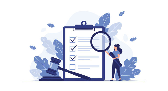 Inspect legal compliance checklist with magnifying glass, ensuring due diligence and accuracy for business regulations and legal standards