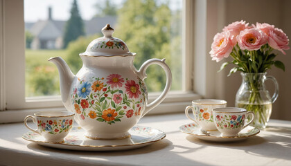 - Floral teapot and teacups still life in porcelain pastel for tea time