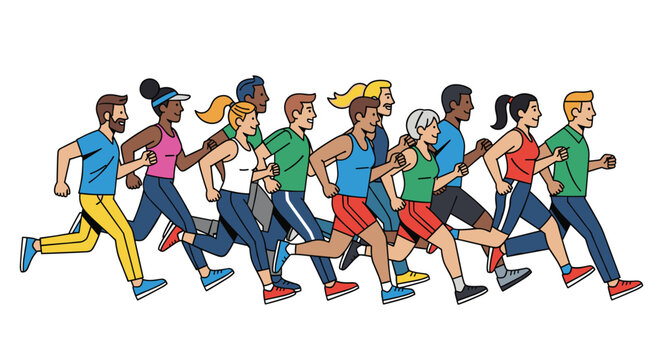 Dynamic group of diverse runners sprinting together for fitness and fun in a marathon race, promoting teamwork, health, and active lifestyle inspiration