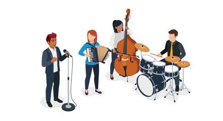 Dynamic band performing live music with singer, accordion, bass, and drums for entertainment, shows, concerts, and festivals events