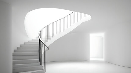 Minimalist white spiral staircase with black railing and bright doorway modern interior