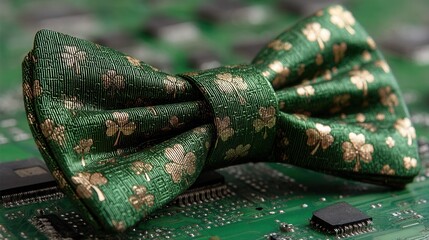 future  saint patrick's day Bow tie resting on a green circuit board background.