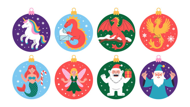 Ornamental Fantasy: A vibrant collection of Christmas ornaments adorned with fantastical creatures. A whimsical array, ready to bring joy and wonder during the festive season. 