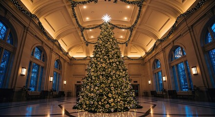 Magnificent indoor Christmas tree illuminated in grand hall