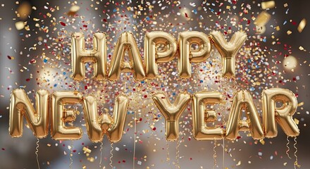 Golden Balloons Announcing Happy New Year with Falling Confetti
