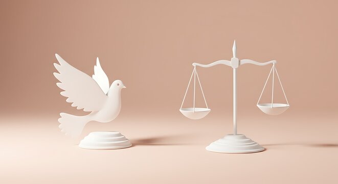 Symbolic white dove and balanced scales representing peace, justice, and harmony in a serene, minimalist setting