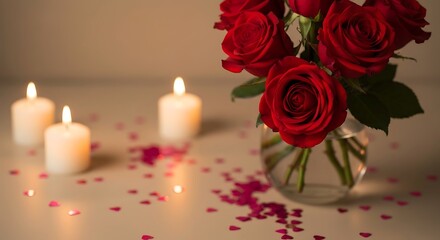 Fototapeta premium Romantic red roses and flickering candles create an intimate atmosphere perfect for special celebrations and heartfelt moments.
