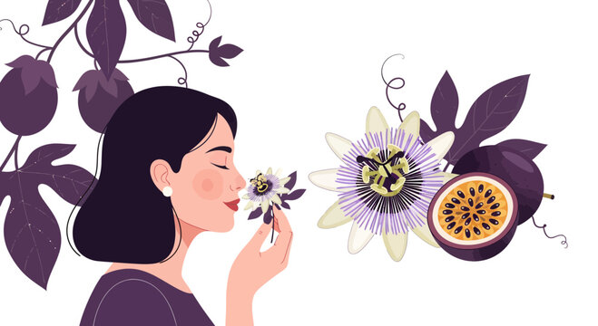 Illustration Of Woman Smelling Passion Flower with Intricate Purple Passion Fruits