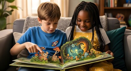 A boy and girl reading a book