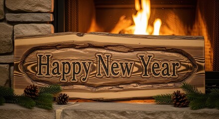 Happy New Year wooden sign displayed by a cozy fireplace with pine cones and pine needles