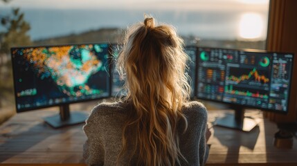 Focused businesswoman analyzing financial graphs on dual screens