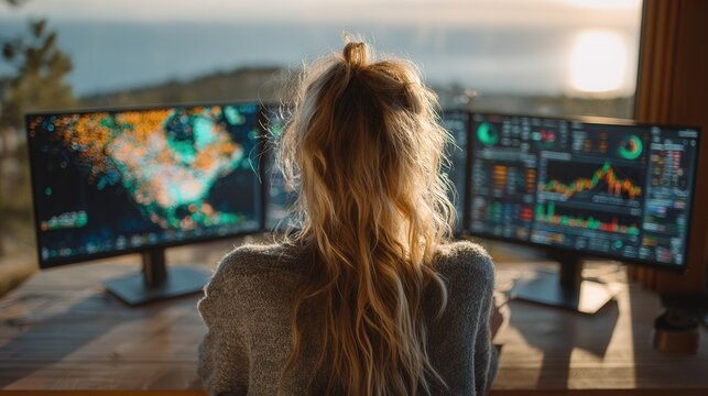 Focused businesswoman analyzing financial graphs on dual screens - Powered by Adobe