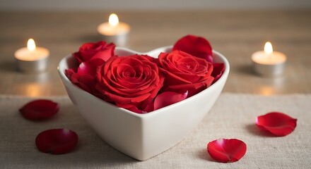 Stunning red roses and petals fill a heart-shaped bowl surrounded by romantic candlelight, evoking deep love and passion for special occasions