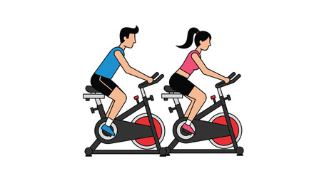 Active couple enjoys indoor cycling class in a vibrant studio, perfect for fitness promotions and workout routines