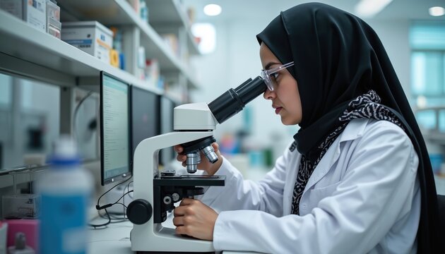 Muslim female scientist examines sample under microscope in lab. Woman researcher uses scientific equipment for analysis. She works in healthcare or pharmaceutical industry.