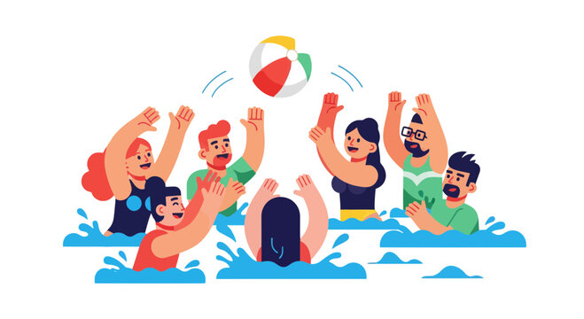 Joyful Characters Playing Beach Ball In Water With Animated and Colorful Style
