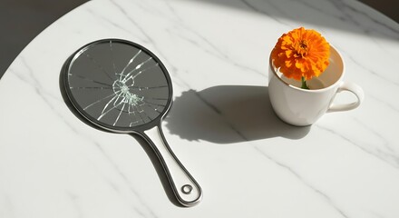 Symbolic still life of a cracked hand mirror next to a vibrant orange zinnia in a white cup on a marble surface, representing broken reflection and beauty.