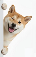 A cute and funny Japanese Shiba Inu dog peeking from behind a white wall, winking and smiling at the camera. 