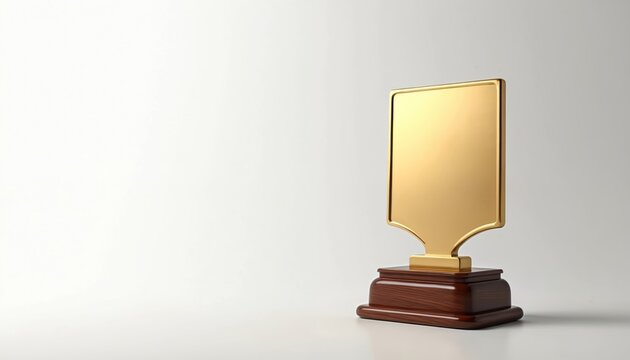 Golden award plaque on polished wood base. Represents achievement and victory. Blank space for custom text or logos. Suitable for winners, recognition, and corporate success.
