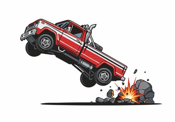 Red vintage pickup truck performing extreme offroad jump over exploding rocks vector illustration isolated white background