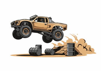 Aggressive off road racing truck vector illustration jumping dirt ramp black oil drums isolated white background design element