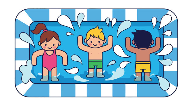 Joyful Children Playing and Splashing Water in a Swimming Pool Cartoon Illustration