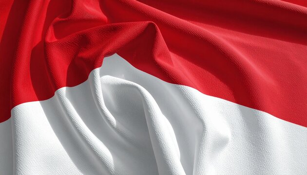 Close up of the Indonesian Flag waving in the wind vibrant red and white fabric with soft folds and shadows representing national pride and unity