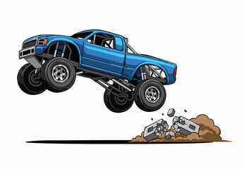 Vector illustration of powerful blue monster truck jumping over crushed debris extreme motorsport competition isolated on white background