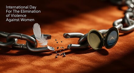 Symbolic broken chain with feather and locket opens to reveal freedom and hope for women's empowerment and ending violence