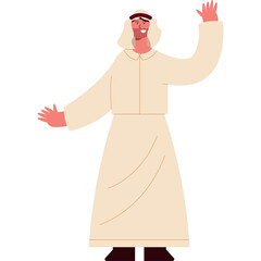 Smiling Arab Man in Traditional White Thobe and Ghutra Waving Hello with Both Hands Raised Against a Clean Transparent Background