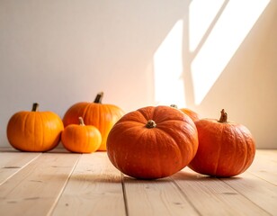 Several ripe, orange squashes sit on a light wood surface